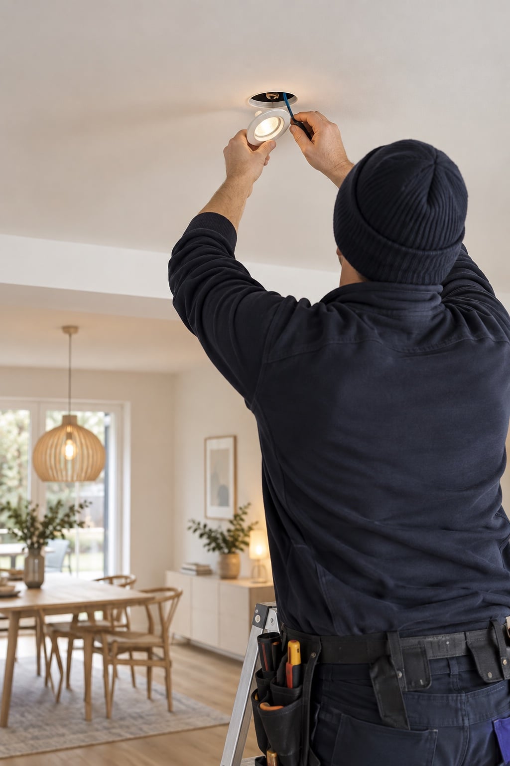 Elektriker som installerar infälld belysning i ett hem